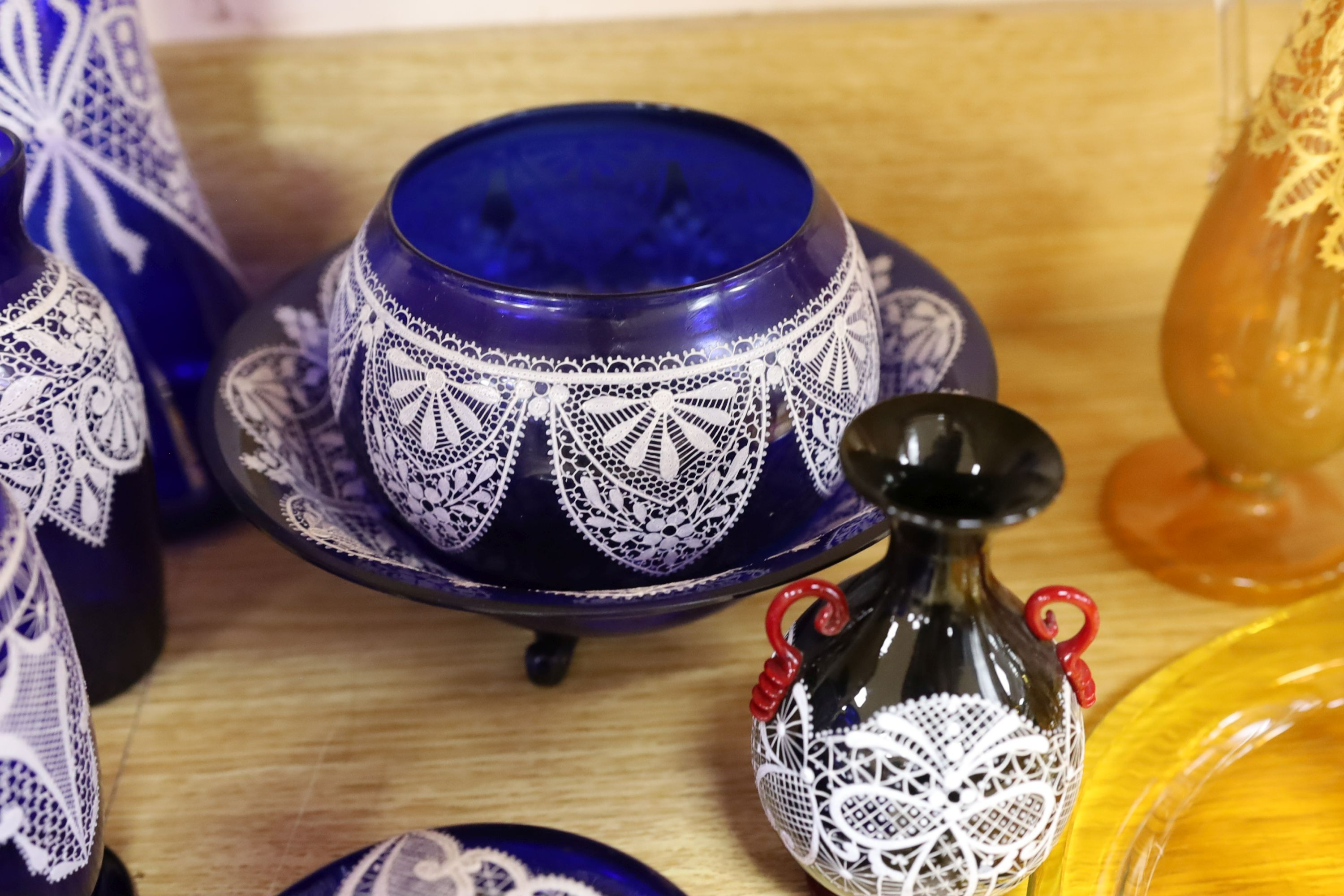 Selection of Venetian lace-pattern coloured glassware including an amber liqueur set